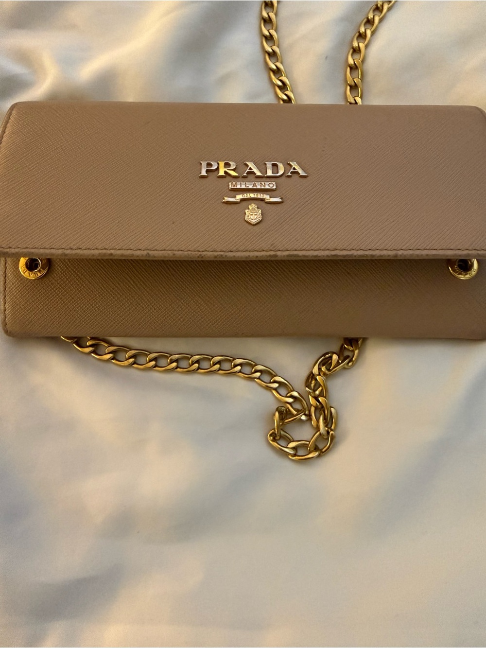 Prada Taupe Saffiano Chain Wallet with Gold Hardware